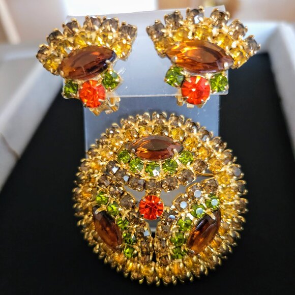 Vintage Topaz, Green and Hyacinth Rhinestone Brooch & Earring Set - Picture 1 of 8
